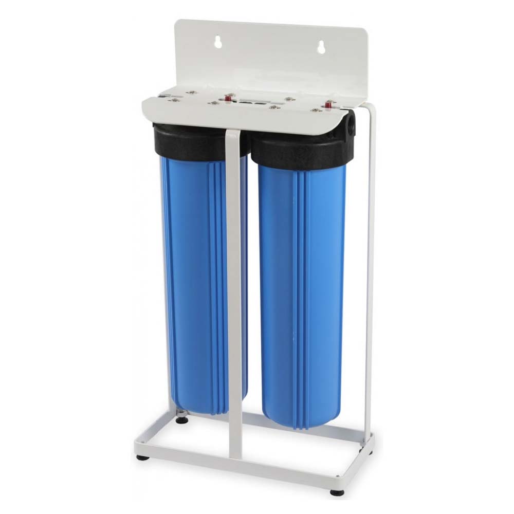 2-Stage Wall Mount 20″ System with Replaceable Cartridges.  Two Levels of Filtration
